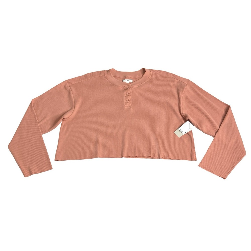 BP Henley Crop Top Womens Large Pink Orange Waffle Knit Boxy Long Sleeve NWT